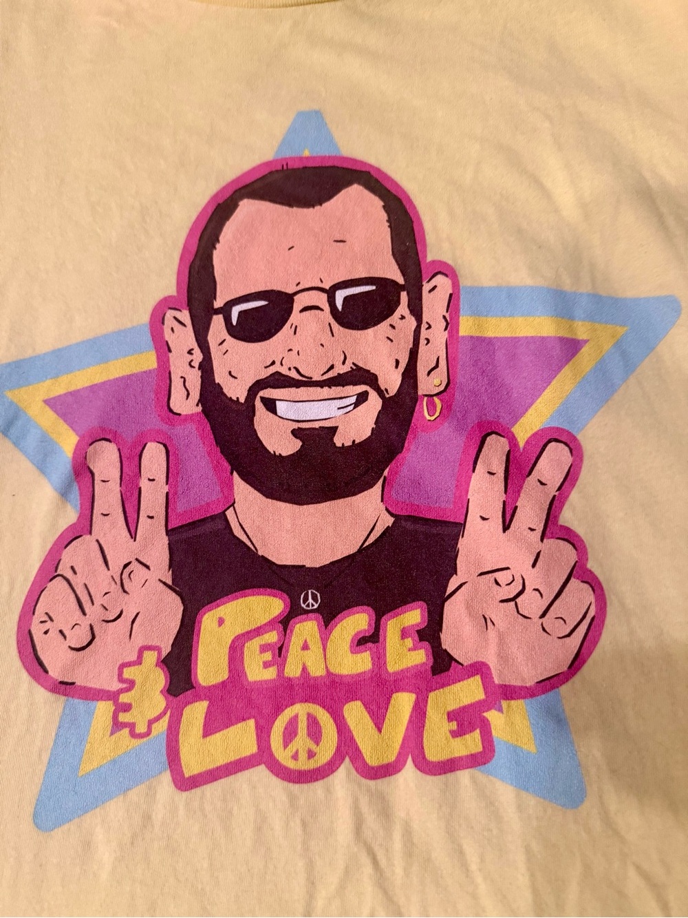 Ringo Starr Yellow Tee with Pink and Blue Peace Love Graphic